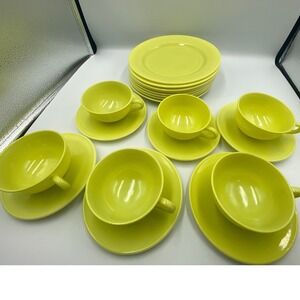 Hazel Atlas Ovide Platonite Neon Yellow Tea Cup +‎ Saucer Set w Plates Set of 6